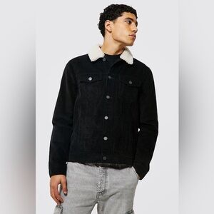 Boohoo Man Button Corduroy Jacket with Black Borg Collar